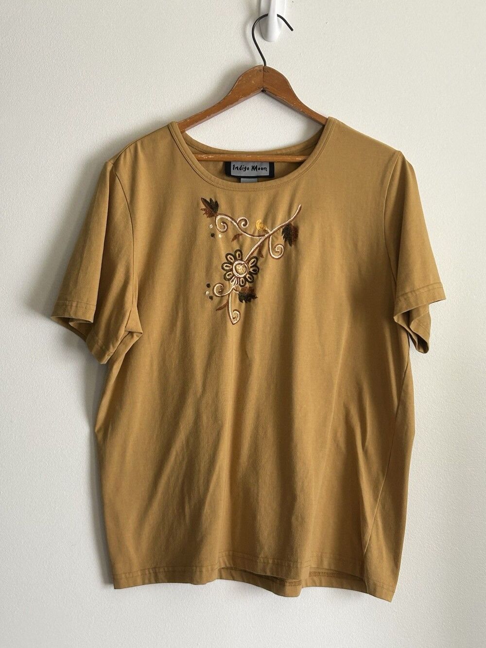 Indigo Moon Embroidered Shirt Fall Leaves Embroidery Yellow Size L